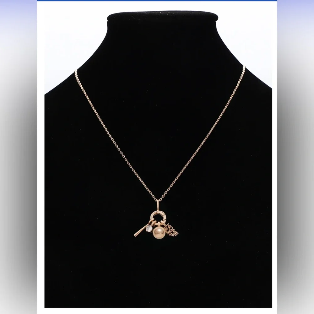 14KT gold plated cz solitaire 18” baseball‎ Home Run monogram necklace brand new